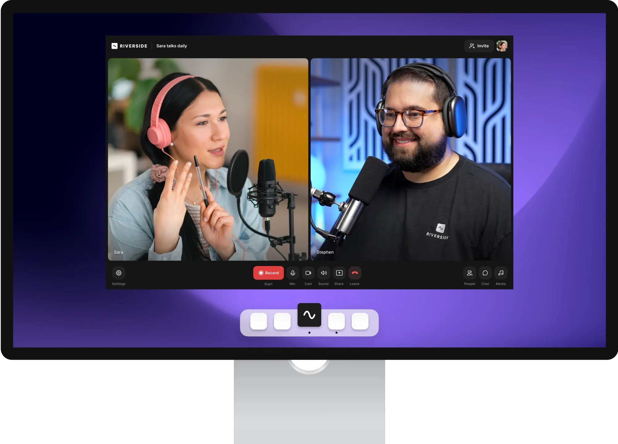 Screen showing a video call with two people: a woman wearing pink headphones and speaking into a microphone, and a man with glasses and headphones also speaking into a microphone.