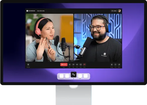 Screen showing a video call with two people: a woman wearing pink headphones and speaking into a microphone, and a man with glasses and headphones also speaking into a microphone.
