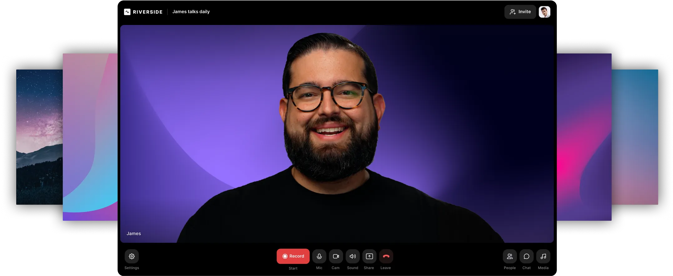 Video call interface showing a man with glasses and a beard smiling against a purple background, with control buttons for recording, mic, camera, sound, sharing, and leaving the call.