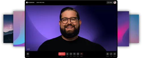 Video call interface showing a man with glasses and a beard smiling against a purple background, with control buttons for recording, mic, camera, sound, sharing, and leaving the call.