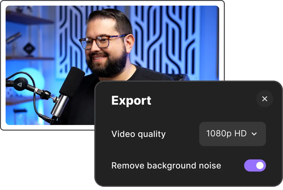 Man with glasses and beard speaking into a microphone with an export options overlay showing video quality set to 1080p HD and background noise removal enabled.