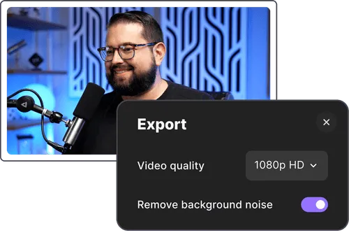 Man with glasses and beard speaking into a microphone with an export options overlay showing video quality set to 1080p HD and background noise removal enabled.