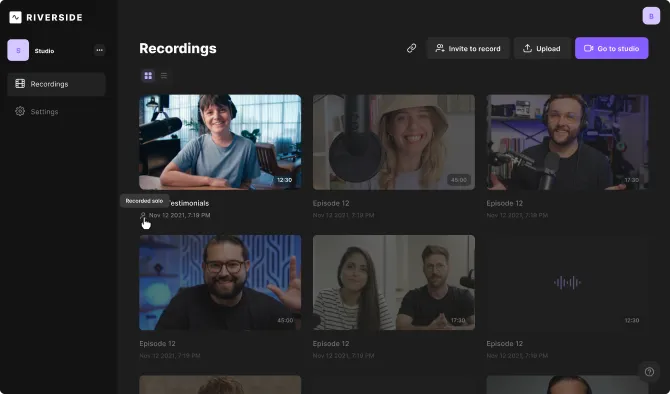 Riverside Studio dashboard showing a recordings library with video thumbnails and controls for inviting to record, uploading, and navigating to the studio.