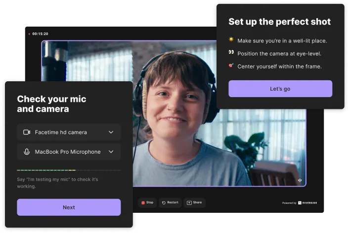 Video call setup screen showing a person wearing headphones smiling, with options to check mic and camera, and instructions for setting up the perfect shot including lighting, camera position, and centering.