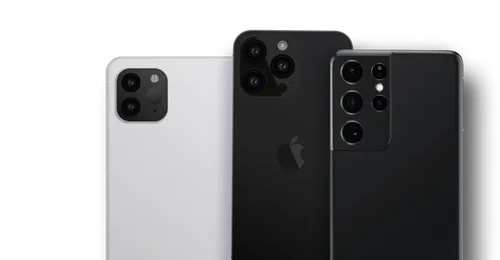 Three smartphones showing rear cameras: two black Apple iPhones with triple and dual cameras, and one black Android phone with multiple cameras.