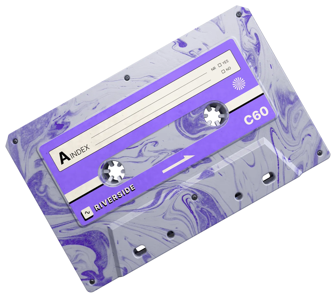 Purple and gray marbled audio cassette tape labeled 'A Index' and 'C60' with 'Riverside' branding.