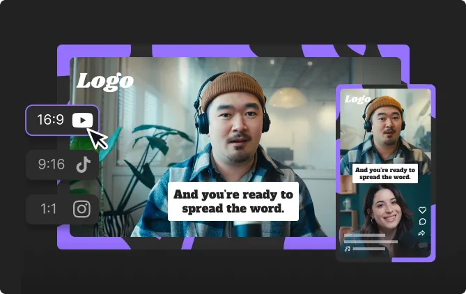 Video editing interface showing a man wearing a brown beanie and headphones, with text 'And you’re ready to spread the word.' and aspect ratio options including 16:9, 9:16, and 1:1 icons.