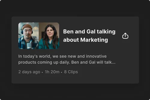 Video thumbnail showing two individuals, Ben and Gal, discussing marketing with text details about the video length, clips, and posting time.