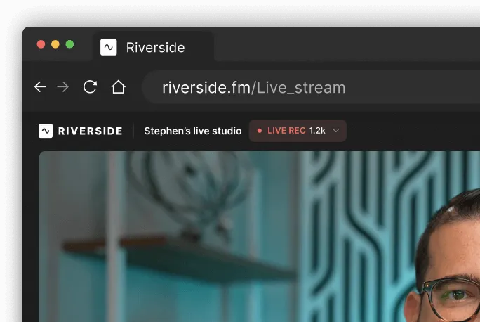 Browser window showing Riverside.fm live stream interface with 'Stephen's live studio' recording live.