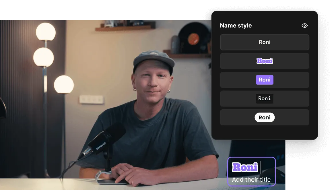 Man wearing a cap sitting at a desk with a microphone, next to a screen showing different text style options for the name 'Roni'.
