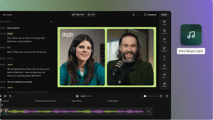Podcast editing interface showing transcript, audio waveforms, two speakers on video call, and an audio file named Intro Music.mp3 on the desktop.