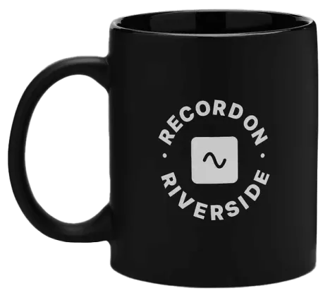 Black mug with white text and a symbol in a circle reading 'Record On Riverside'.