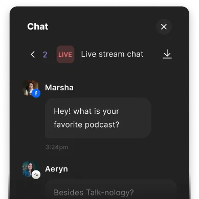 Live stream chat window showing a message from Marsha asking, 'Hey! what is your favorite podcast?' with a live indicator and page 2 navigation.