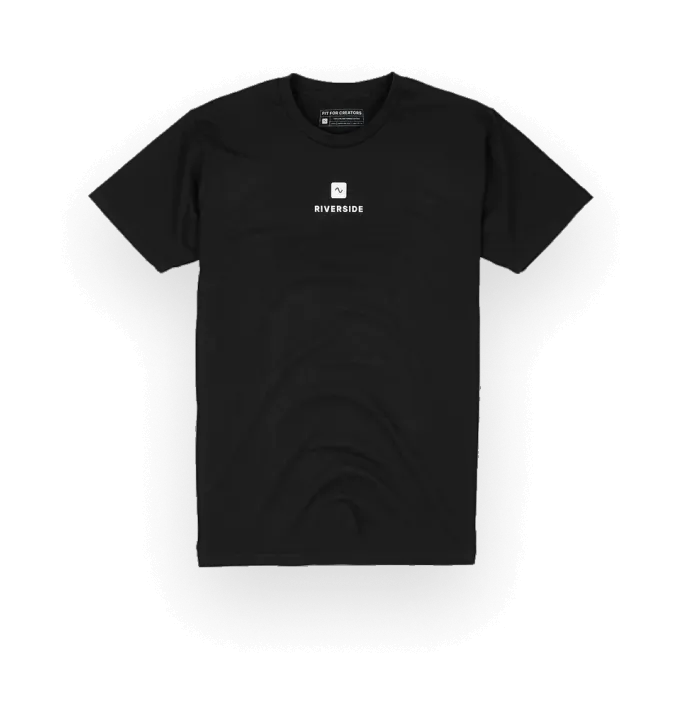Black T-shirt with a small white Riverside logo and text centered on the chest.