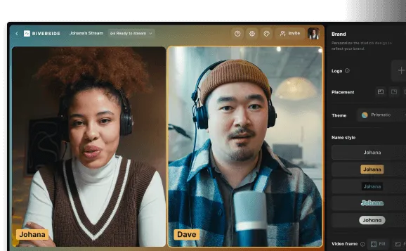Split-screen video call showing Johana, a woman with curly hair and headphones, and Dave, a man wearing a beanie and headphones speaking into a microphone.