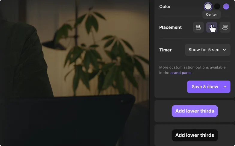 Interface for customizing lower thirds with options for color, placement centered, timer set to show for 5 seconds, and buttons to save or add lower thirds.