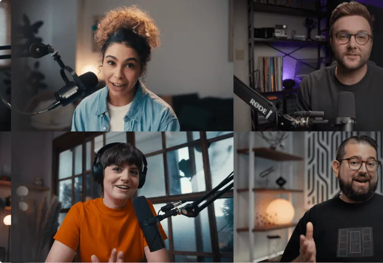 Four people participating in a video conference, each speaking into a microphone in different indoor settings.