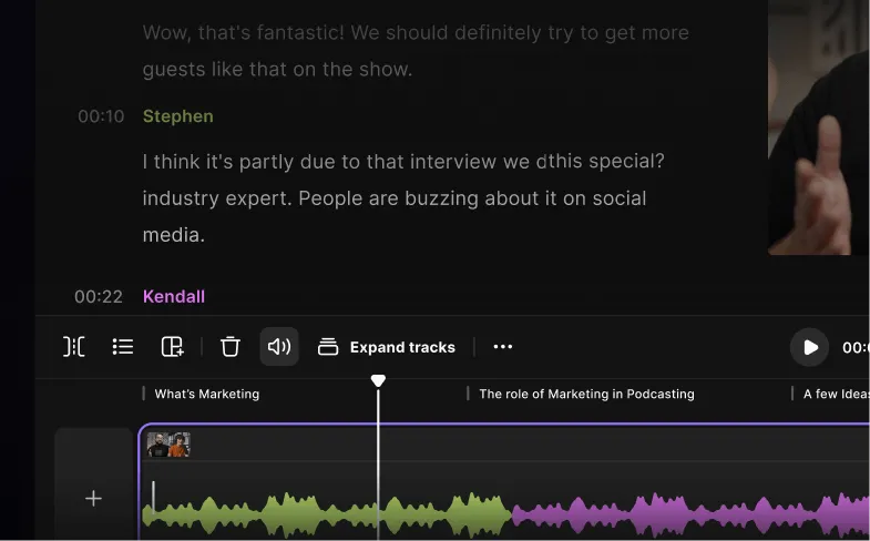 Screenshot of podcast editing software showing dialogue text, timestamped speaker labels, and audio waveform tracks in green and purple.