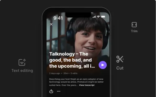 Smartphone screen showing a podcast titled 'Talknology – The good, the bad, and the upcoming, all i...' featuring a smiling woman wearing headphones.