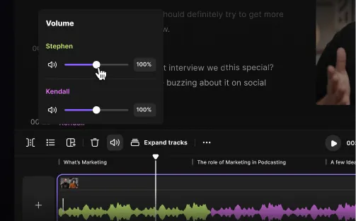 Audio editing software interface showing volume controls for two speakers named Stephen and Kendall with sliders set to 100%.