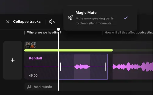 Audio editing interface showing a purple waveform with Magic Mute enabled to mute non-speaking parts.