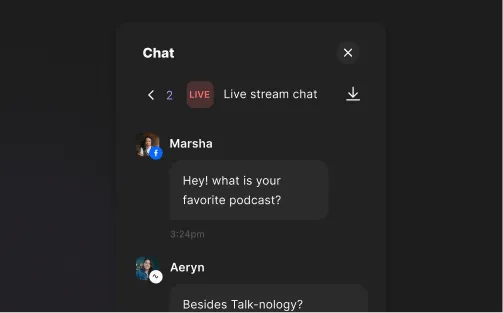Mobile view of a live stream chat showing user Marsha asking about favorite podcasts and user Aeryn replying.