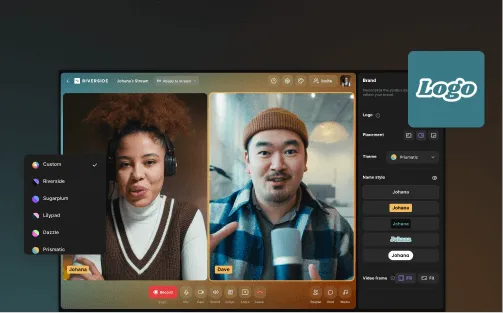 Video call screen showing two people, a woman and a man speaking, with branding and logo customization options on the side panel.