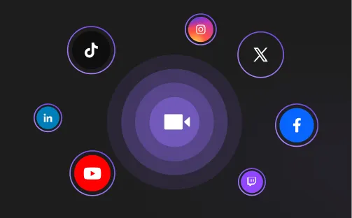 Central video camera icon surrounded by social media icons for TikTok, Instagram, X, LinkedIn, YouTube, Twitch, and Facebook on a dark background.