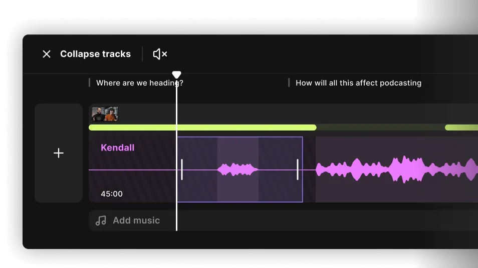 Audio editing interface displaying a track labeled 'Kendall' with highlighted waveform sections and controls to collapse tracks and mute sound.