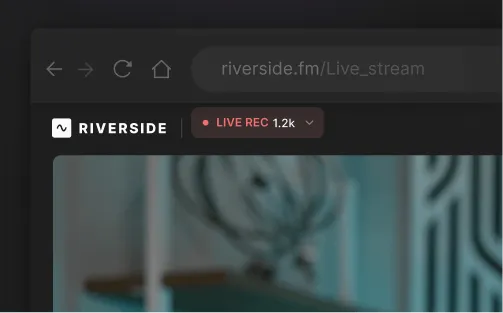 Browser window showing Riverside.fm live stream interface with a red recording indicator and viewer count of 1.2k.