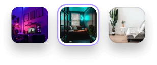 Three images showing different bedroom designs with colorful lighting and modern decor.