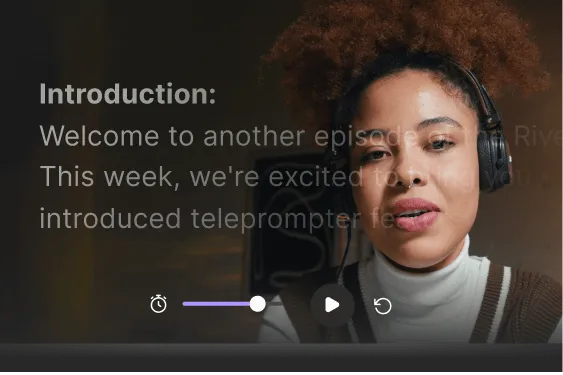 Video screenshot showing a woman with curly hair wearing headphones, with semi-transparent teleprompter text and playback controls overlay.
