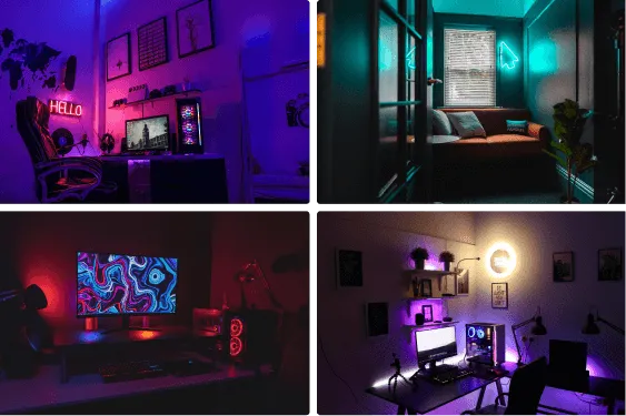 Collage of four rooms with vibrant colored lighting featuring gaming or computer setups and cozy seating areas.
