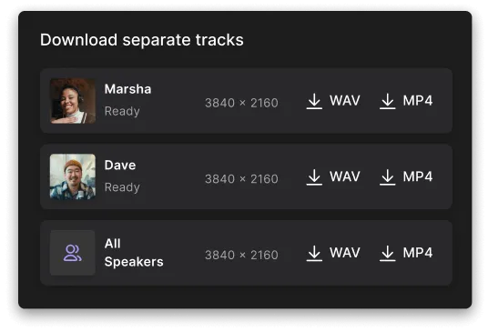 Interface for downloading separate audio and video tracks of Marsha, Dave, or all speakers, each with resolution 3840x2160 and options for WAV or MP4 format.