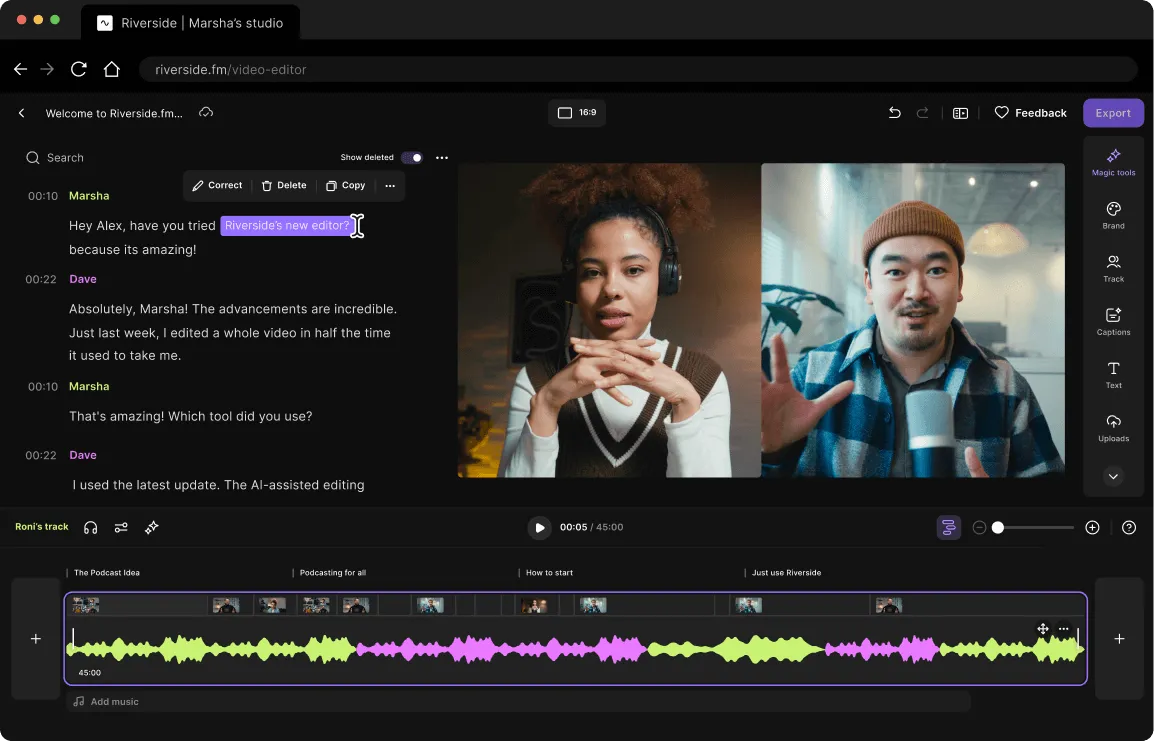 Video editing interface showing a conversation transcript, two people on video call, and an audio waveform timeline with editing tools.