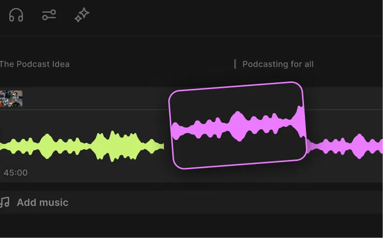 Audio editing interface showing two waveform tracks in yellow and pink on a dark background, with options for adding music and podcasting.
