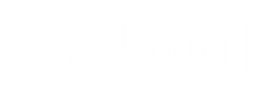 White digital audio waveform on a black background with varying amplitude and frequency.