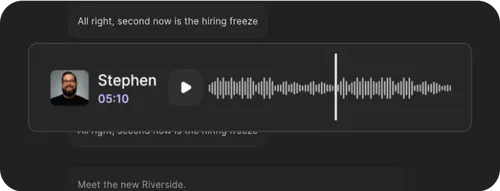 Audio player with waveform, featuring a profile photo of a man named Stephen and a timestamp of 5 minutes and 10 seconds, on a dark background.