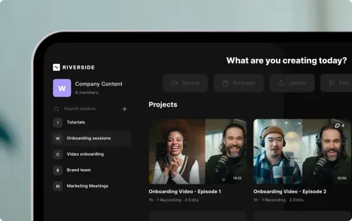 Screenshot of Riverside video editing workspace showing projects with thumbnails of video calls and a sidebar listing studios and content categories.