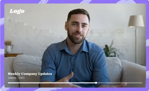 Man in a blue shirt sitting on a couch giving weekly company updates, identified as James, CEO.