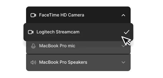Dropdown menu showing camera and audio device options with Logitech Streamcam selected.