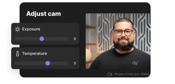 User interface for camera adjustment showing exposure and temperature sliders with a preview of a man with glasses and a beard.