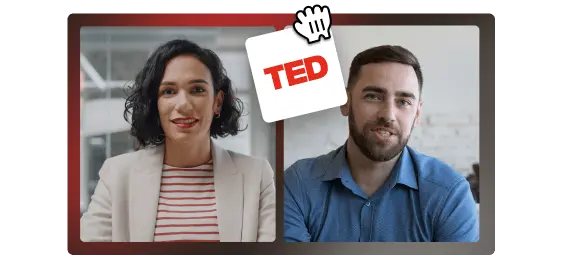 Split screen showing a woman with curly hair wearing a beige blazer and striped shirt on the left and a man with short hair and beard wearing a blue shirt on the right, with a TED logo icon above them.