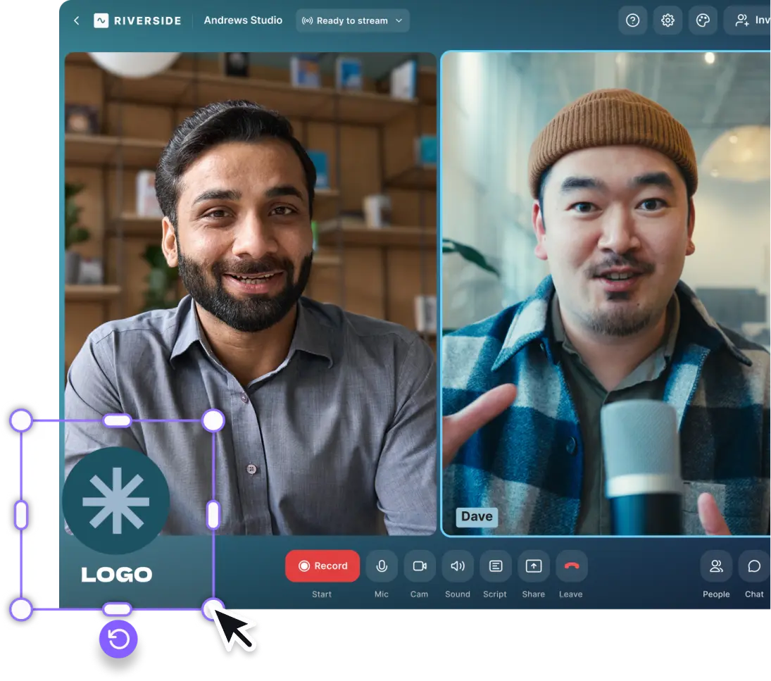 Video call screen with two men, one wearing a gray shirt and the other a plaid jacket and beanie, with recording controls at the bottom.