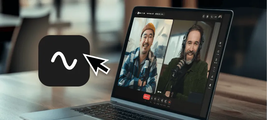 Laptop on a wooden table showing a video call with two men speaking into microphones, with a cursor pointing to an app icon featuring a white tilde symbol on a black square.