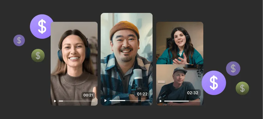 Screens showing diverse people in video calls with floating dollar sign icons around them on a dark background.