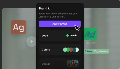 User interface showing a Brand kit panel with options to apply brand, logo, colors, and font for unified video design.