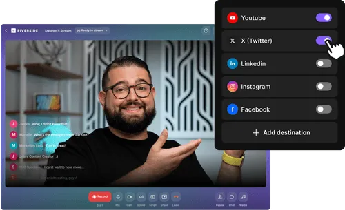 A smiling man with glasses gestures during an online stream interface showing chat messages and toggles for social media destinations including Youtube and X (Twitter).