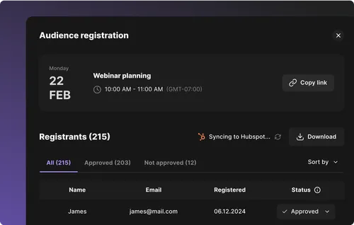 Audience registration panel showing a webinar planning event on Monday, 22 February from 10:00 AM to 11:00 AM GMT-07:00, with 215 registrants including James, registered on 06.12.2024 and approved.