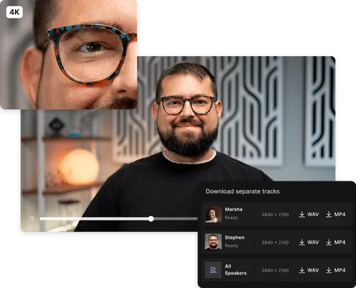 Video editing interface showing a bearded man with patterned glasses and options to download separate audio and video tracks labeled Marsha, Stephen, and All Speakers in 4K resolution.